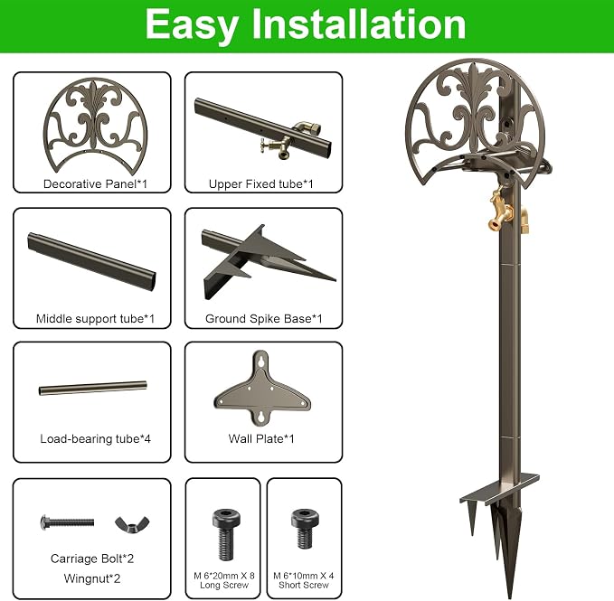 GOFORWILD Garden Hose Stand with Brass Faucet, Detachable Heavy Duty Water Hose Holder, Freestanding Metal Hose Reel Decorative Storage Hanger Holds 150-Feet Hose for Outside Patio Lawn Yard