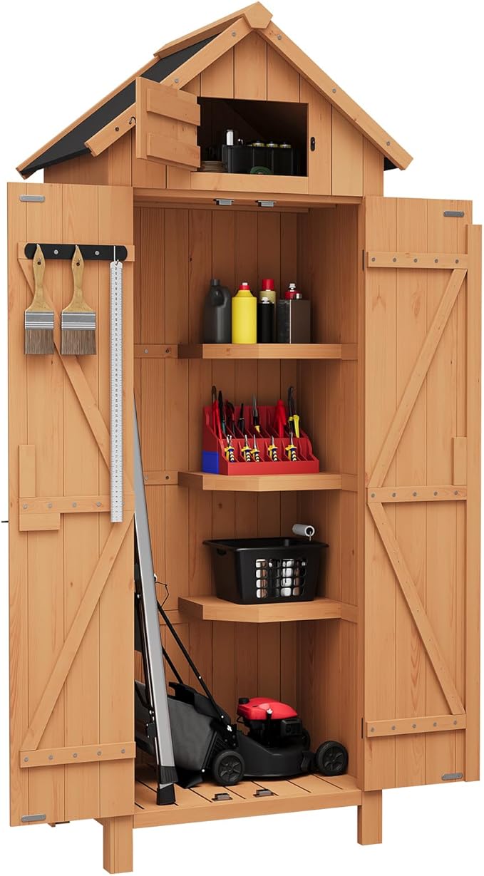 Outdoor Wooden Storage Wardrobe – Waterproof, Lockable Doors, 3 Adjustable Shelves, Multi-Wall Garden Organizer for Patio, Balcony – 177×72×54cm