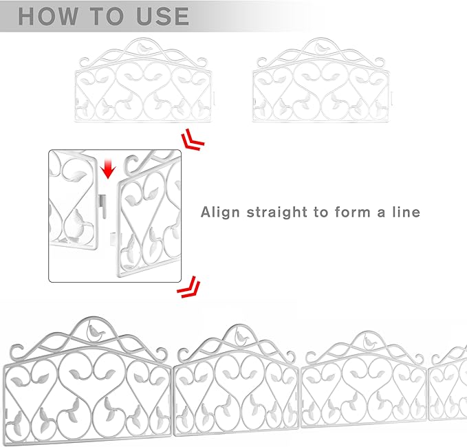 Evelyne Decorative Garden Border Plastic Edging – PP Plastic, Short Metal-Free Faux Wrought Iron Leaf & Bird Design, 16pcs Yard Landscaping Fence Liner Lawn Edge Barrier, 20ft Kit of Decorative Panels