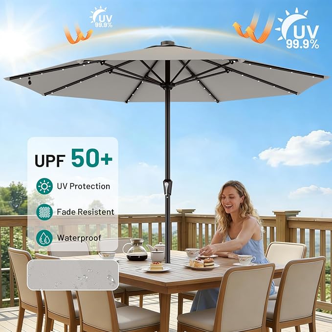AreShark 11FT Large Patio Umbrella with Solar Lights, Lighted Solar Umbrella with Crank, Outdoor Table Market Umbrellas for Garden, Deck, Backyard, Pool and Beach, Light Gray