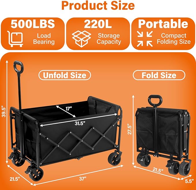 Wagons Carts Foldable — Heavy Duty Collapsible Wagon for Groceries, Apartment Moving & Storage Wagon cart with Wheels Foldable,Portable Folding Wagon for Yard Work, Travel, Shopping,Picnic & Beach