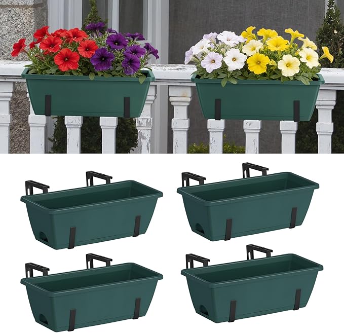 CADUKE 4 Pack Railing Planter Box 16.9 Inches Window Flower Boxes with Metal Brackets Balcony Planters Railing Hanging Fence Planter Plastic Outdoor Deck Railing Planter Boxes, Green
