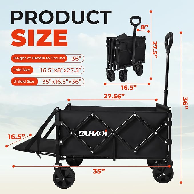 Foldable Wagon with Tailgate,12 lb Lightweight Small Utility Cart | Garden, Grocery, Beach, Camping, Portable Use, Black