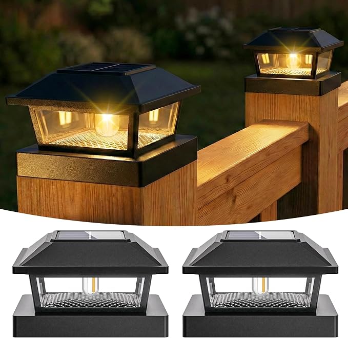 btfarm 4x4 Solar Post Cap Lights, 2 Pack Fence Deck Post Lights Outdoor Solar Powered Waterproof with Edison LED Bulb, Fits 4x4, 3.5x3.5 Wooden & Vinyl Posts for Porch Patio Yard(Warm White, Black)