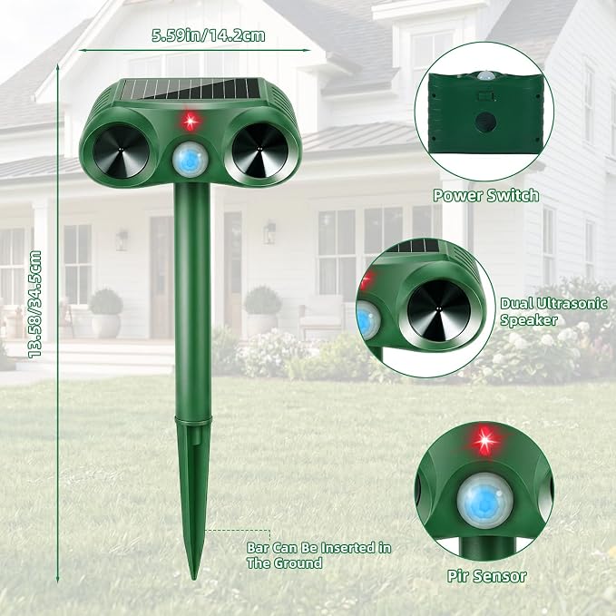 2026 Upgraded Solar Ultrasonic Animal Repellent Sonic Deer Repellent Devices Cat Deterrent Outdoor with Motion Sensor to Keep Raccoon Squirrel Rabbit Dog Away from Yard Lawn Garden 4 Pack