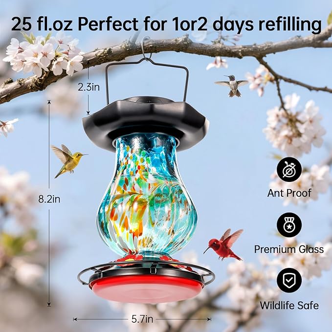 DesGully Solar Hummingbird Feeder for Outdoor - 25 fl.oz Hand Blown Glass Hummingbird Feeders for Outdoors Hanging, Large Capacity with Moat, 6 Colors Changing Light Outside Garden Decor (Blue)