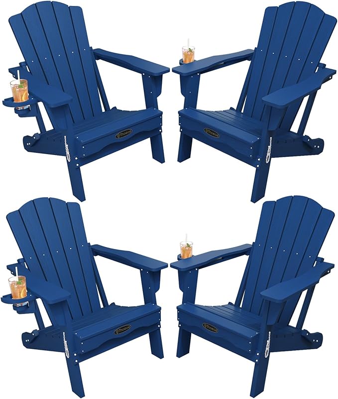 THOEOE Folding Adirondack Chair Set of 4, HDPE All-Weather Outdoor Chair with Cup Holder, Wooden Textured, Fire Pit Chair, Plastic Patio Chair for Deck, Backyard, Garden, Lawn, Navy Blue