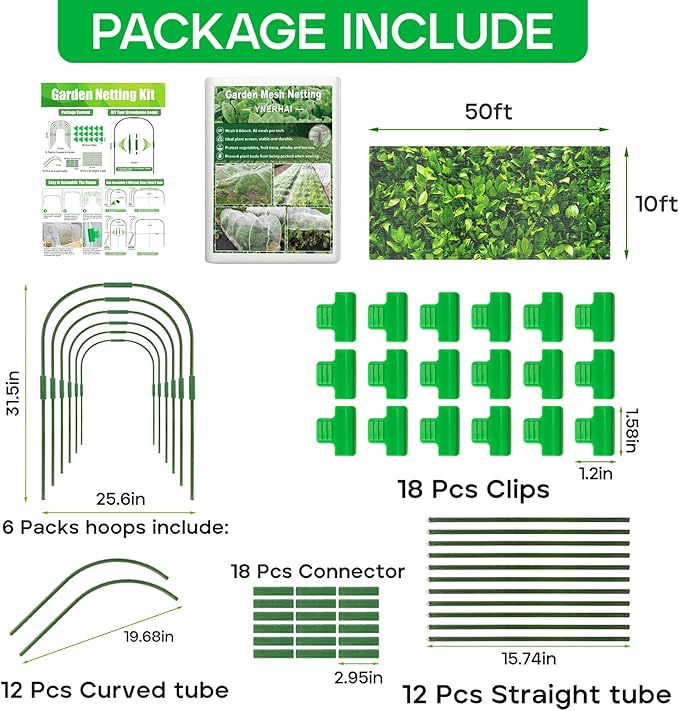 Garden Netting Kit - 10*50FT Ultra Fine Plant Netting Mesh Covers Row Net Protection For Tree Fruit Barrier Vegetable Fruits Flowers Shrubs Plant Covers (6 Pcs Garden Hoops & 18 Clips)