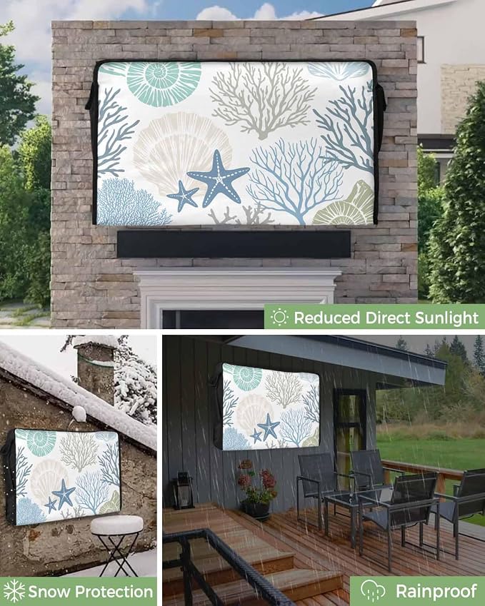 Coastal Outdoor TV Cover 36-39 Inches, Weatherproof & Waterproof, Summer Beach Blue Teal Coral, Nautical Starfish Screen Protectors