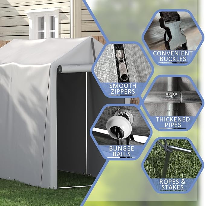 Greesum 6 x 3 ft Storage Shed Canopy Portable Shelter Outdoor Carport Tent with Rolled up Zipper Door for Bike, Motorcycle, Outdoor Tools, Waterproof and UV Resistant, Gray
