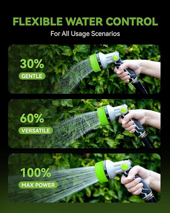RAINPOINT Full-Metal Garden Hose Nozzle, Heavy Duty Water Hose Nozzle Sprayer With 10 Adjustable Patterns & High Flow,Thumb Control For Flow Adjustment, Ideal For Watering, Washing, Cleaning,Green