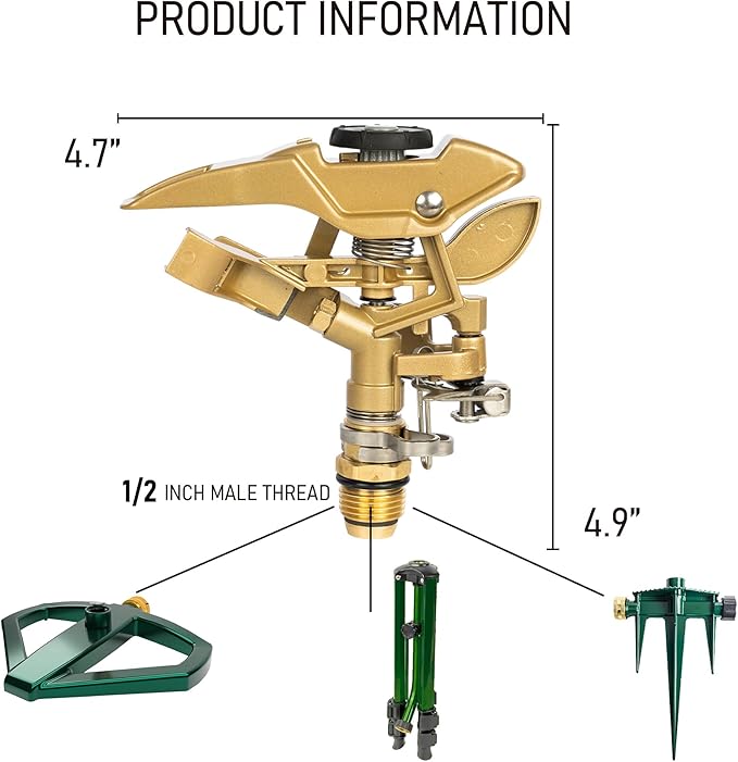 LIULO TOOL Large Impact Sprinkler on Tripod Base, Heavy Duty Zinc Alloy Sprinkler for Yard with Adjustable Head and Extendable Tripod, 360 Full Coverage Irrigation Tool for Lawn Garden