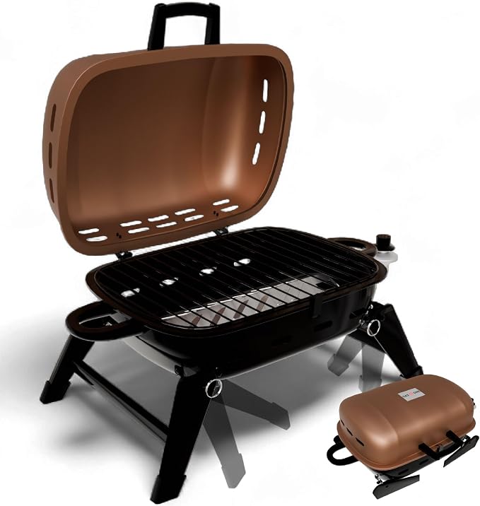 GasOne Tabletop Propane Grill – Portable Grill Propane with Heat Resistant Handles, Large Cooking Surface – User Friendly Temperature Control Knob Portable Gas Grill for RV, Camping, Home – Tan Brown