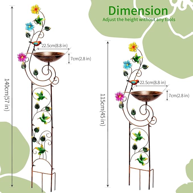 YYWMWM 57" Height Metal Bird Bath with Trellis for Outdoor, Vintage Decorative Bird Baths, Small Garden Plant Support, Antique BirdBath for Climbing Plants with Detachable Iron Bowl (Hummingbird)
