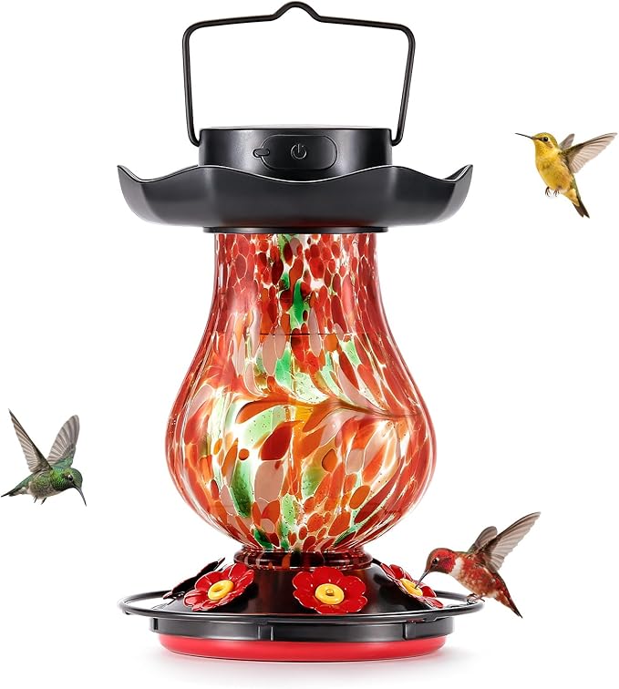 DesGully Solar Hummingbird Feeder for Outdoor - 25 fl.oz Hand Blown Glass Hummingbird Feeders for Outdoors Hanging, Large Capacity with Moat, 6 Colors Changing Light Outside Garden Decor (Red)