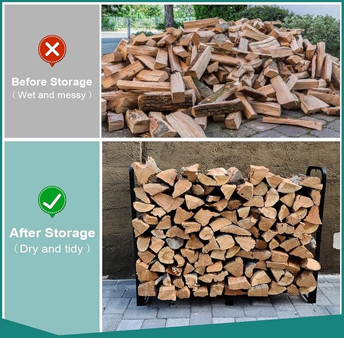 4Ft Firewood Rack Adjustable Fireplace Wood Holder for Outdoor Indoor Storage Log - Heavy Duty Fire Log Lumber Stand Stacker, Black