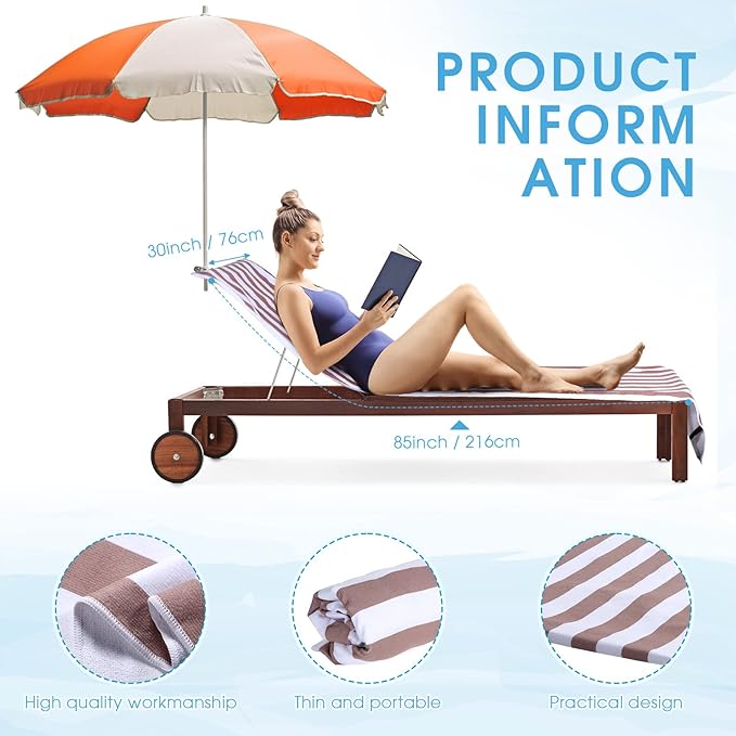 Fumete 2 Pack Lounge Chair Covers 30 x 85 Inch Pool Chaise Lounge Towels Microfiber Beach Chair Towel Portable Striped Outdoor Patio Furniture Cover for Sunbathing Picnic Spa(Light Brown)
