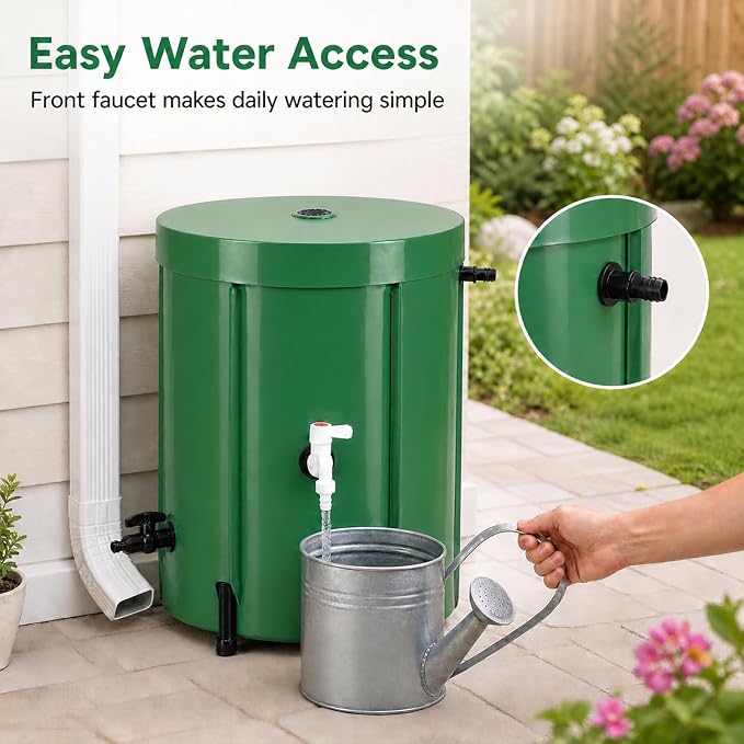 Collapsible Rain Barrel 53 Gallon, PVC Rainwater Collection Barrel with Spigot, Overflow & Mesh Screen — Portable, Foldable Water Storage Tank for Garden, Lawn & Outdoor Watering