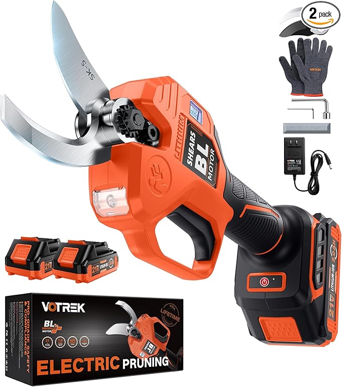 VOTREK® Electric Pruning Shears Cordless with 2 Batteries, [1.6'' Cutting Diameter] Professional Power Pruner, Garden Scissors for Tree Trimming Branch Cutter [SK5 Blades] [Brushless] [LCD Display]