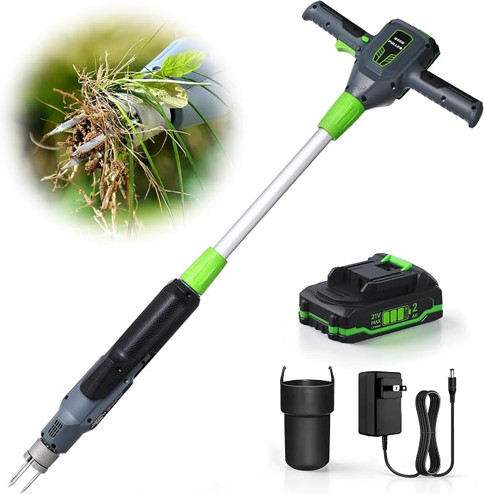 Weed Puller Tool, 21V Powerful Garden Tools Electric Weeding Tool with 2.0Ah Battery and Charger, Gardening Tools Weeder Tool with 3-Claw Steel Head for Smooth Weeding, Gifts for Men Women