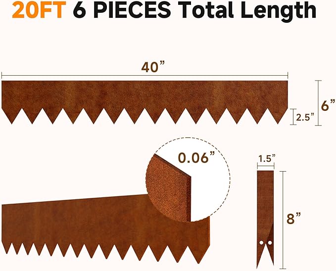 20ft.Cor-Ten Weathering Steel Landscape Edging(6 Pack)-6"x40"- Pre-Rusted Garden Edging with 7 Clips & Gloves - Durable,Flexible, Easy-to-Install for Landscaping,Tree Rings,Lawn & Garden