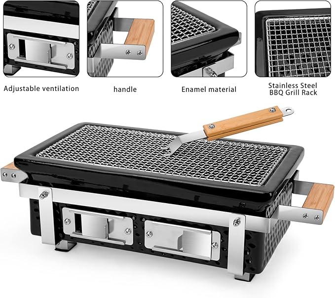 ONLYFIRE GRILLS Charcoal BBQ Hibachi Grill with Grid Lifter, Portable Yakitori Grill with Stainless Steel Grate, Barbecue Stove for Outdoor Camping Picnic Patio Backyard Cooking, GS306