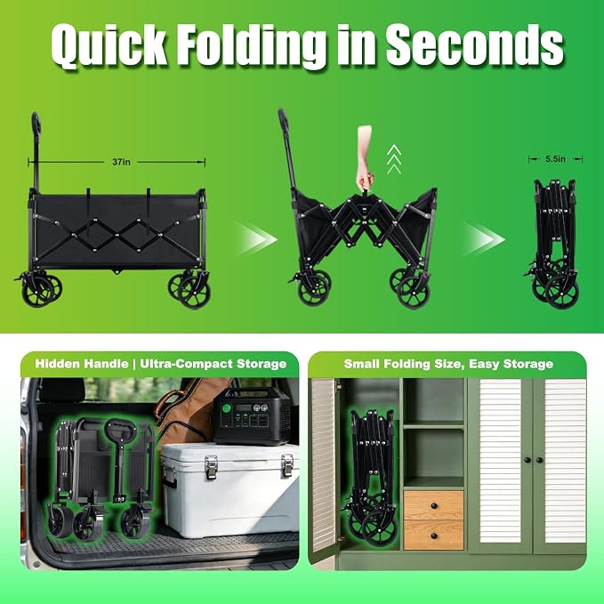 500LBS Collapsible Folding Wagon Carts with Table - 230L Large Foldable Collapsible Portable Wagon Cart with Breaks, Heavy Duty & All-Terrain Swivel Wheels for Camping Shopping Garden & Fish