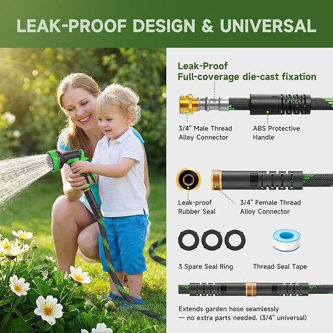 Non-Expandable Garden Hose 25 FT, Heavy-Duty & Flexible Water Hose with 10-Function Nozzle, Kink-Free & Leak-Proof Design, Ultra Lightweight Portable Yard Hose for Lawn, Car, Outdoor Use