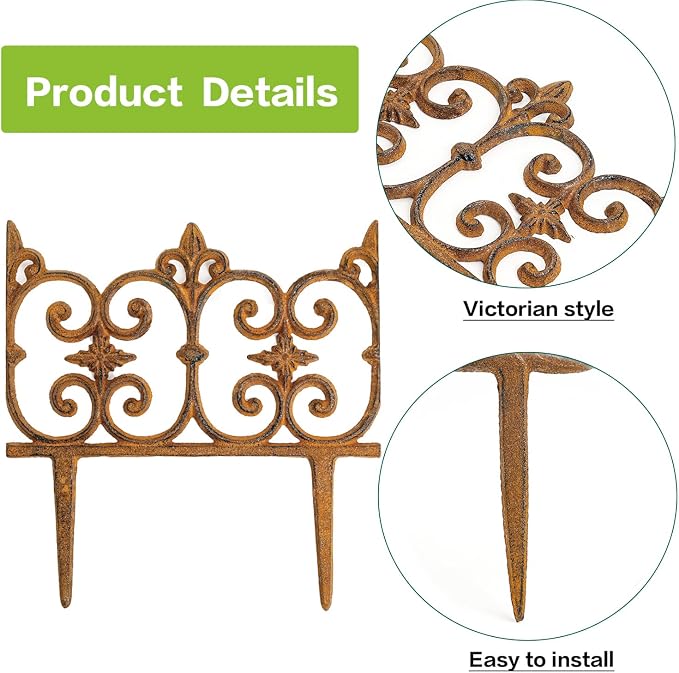 Sungmor Decorative Cast Iron Garden Edging, 4 Pack Full Rusted Victorian Garden Edging Landscape Border, Vintage Metal Yard Stake Low Picket Fence, 10.6" Tall Outdoor Flower Bed Lawn Fence Panels