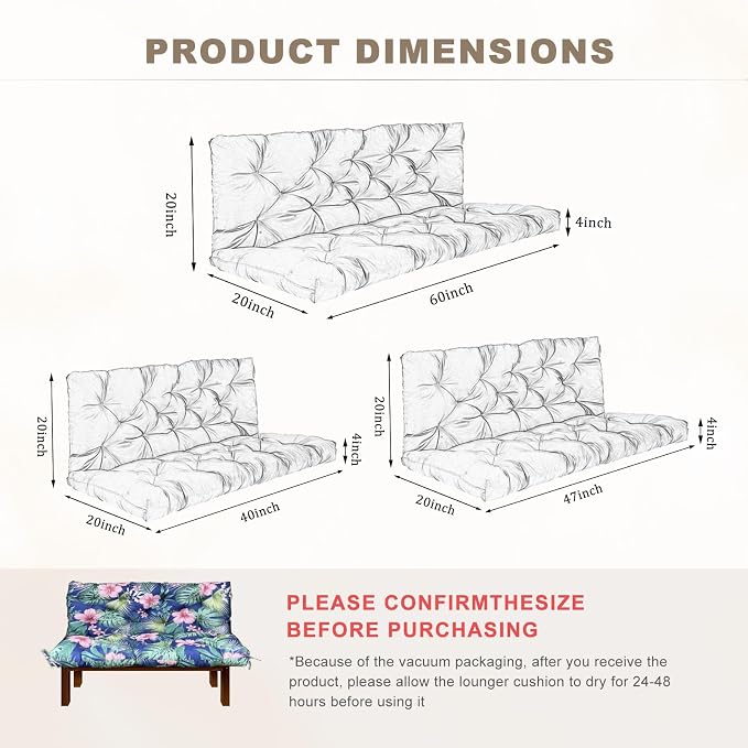 Porch Swing Cushion with Backrest,Waterproof Bench Cushion for Outdoor Furniture,2-3 Seater Replacement Thickened Swing Cushion with Ties,Patio,Outdoor,Backyard and Garden (Tropical Floral,40x40")