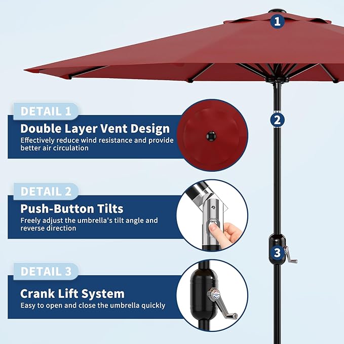 10 ft Patio Umbrella - 8 Sturdy Ribs Outdoor Table Umbrella with Crank Lift & Push Button Tilt - Market Umbrella for Pool, Deck, Yard, Garden - Red