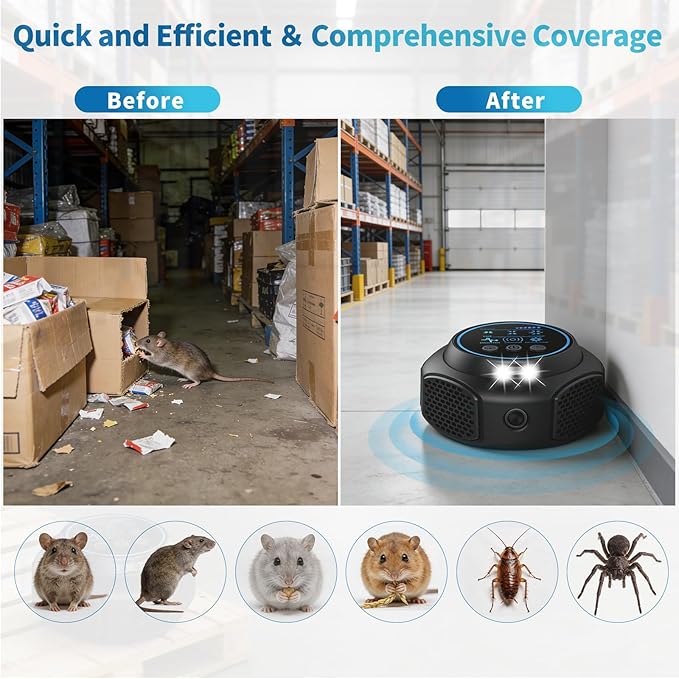Ultrasonic Mouse Repellent Pest Control Repeller, Mouse Traps for Rodent, Mice, Ant, Rat, Squirrel, Bug, Roach, Bat, Rat ＆ Mice Repellent Device for House Plug in Indoor for Home 1Pack Black