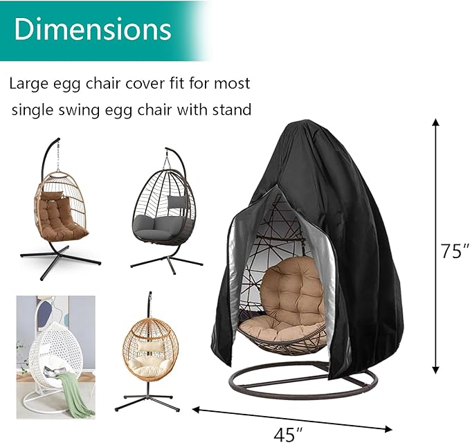 【Upgraded】Patio Egg Chair Covers with Zipper, Wicker Egg Swing Chair Covers, Waterproof Heavy Duty Weather Resisatnt Outdoor Chair Cover, Windproof Hanging Chair Cover, 75" x 45", Black, 1 Pack