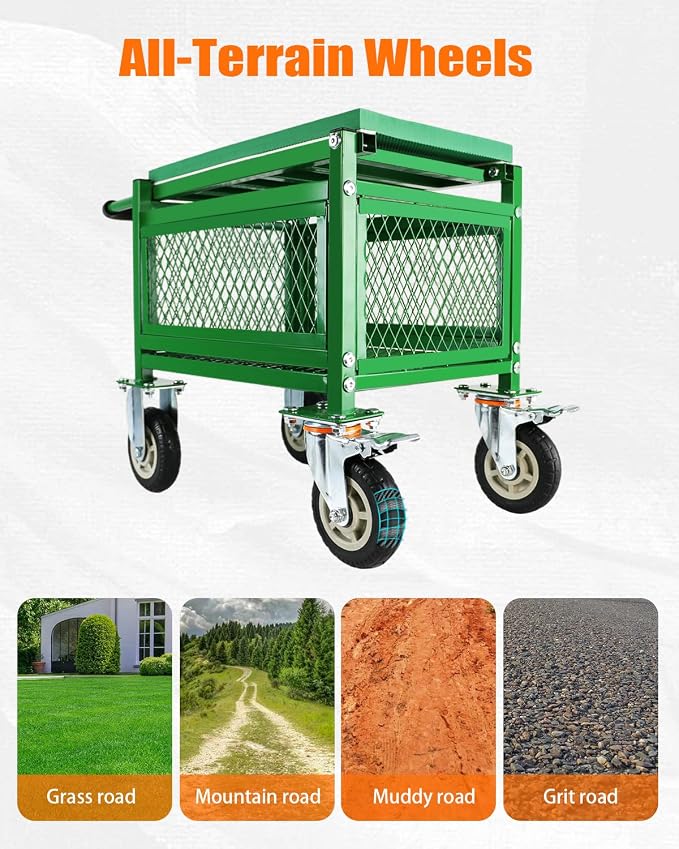 Garden Seat with Cart and Wheels for Seniors, Patio, Lawn & Yard | Lockable 360 Swivel Wheels, Heavy-Duty, Foam Handle Grip, Large Mesh Storage Basket, Comfortable Garden Rolling Seat
