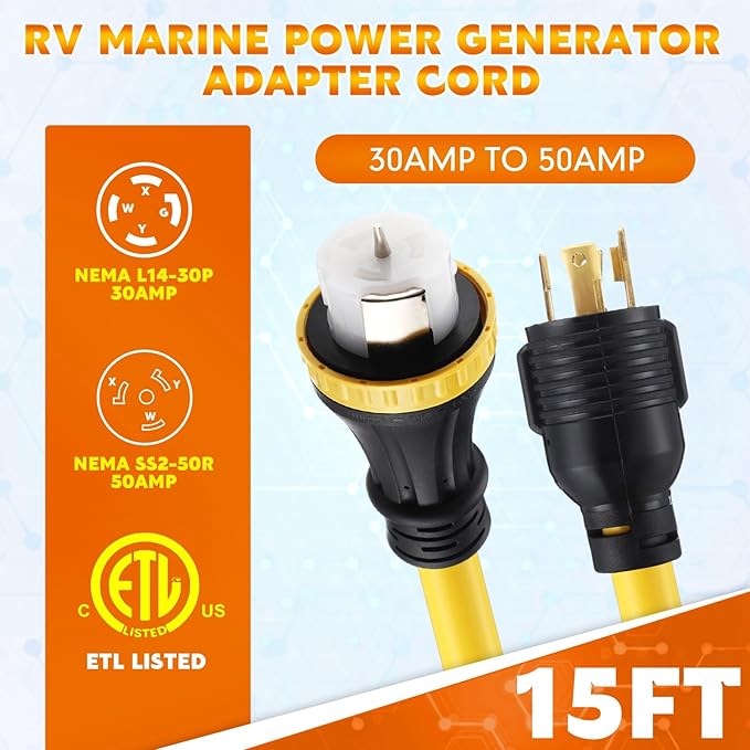 Tellegloww 15FT NEMA L14-30P to SS2-50R RV Marine Power Generator Adapter Cord, 30A 4 Prong Locking Generator L14-30P Male to 50A Marine Shore Power SS2-50R Female with Locking Ring 125V/250V