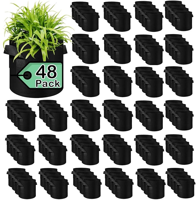 48 Pack 7 Gallon Plant Grow Bags, Thickened Nonwoven Fabric Pots with Handles, Vegetable Planter Bags Containers, Cloth Planters for Garden Vegetable/Flower/Plant/Fruits Outdoor (Black)