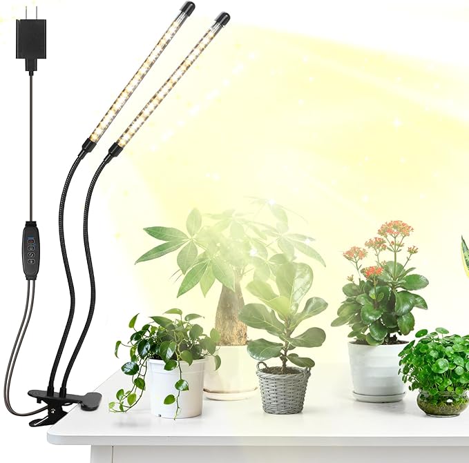 Led Grow Lights, 2 Heads Full Spectrum Plant Light with Clamp for Indoor Plants & Seed Starting, 10-Level Dimmable, Auto On Off, Timing 3 9 12Hrs