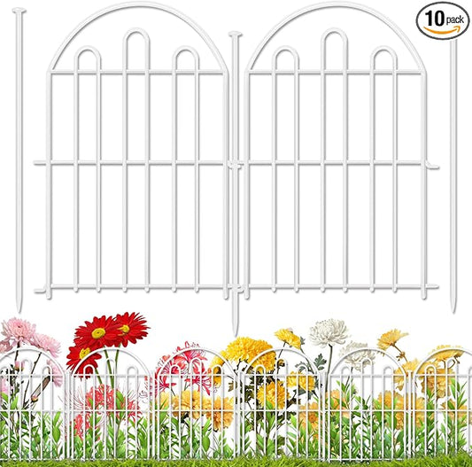 10 Pack Decorative Garden Fence, 26in x 10.8ft Arched No Dig Animal Barrier Fence for Dog Rabbit, Garden Edging Border, Rustproof Metal Ground Stake Border for Outdoor Yard Patio Decor, White
