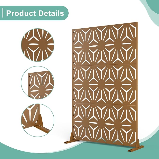 Metal Privacy Screen for Outdoor & Indoor Use, Free Standing Privacy Screen for Patio Garden Pool, 72" H x 47" W Decoative Privacy Panels, Weather Resistant, Easy Assembly (Brown Star)