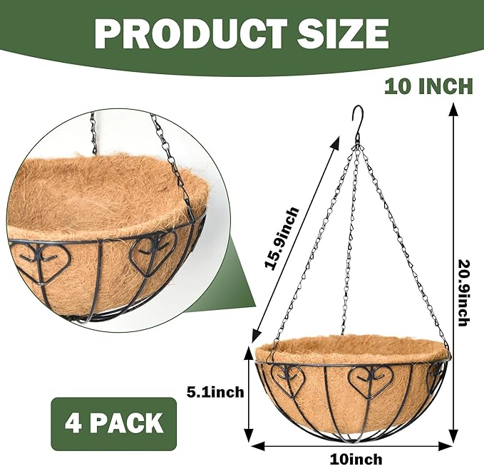 4 Pack 10 Inch Hanging Baskets for Plants Outdoor Metal Hanging Planter Basket with Coco Coir Liner Hanging Flower Pots Holder for Garden, Patio(Modern)