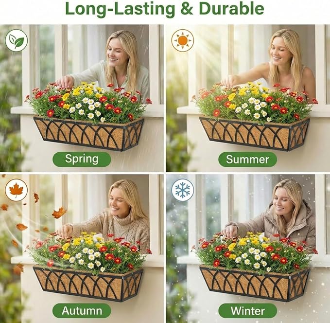 Y&M Hanging Railing Planter Boxes 4 Pack, 24 Inch Adjustable Balcony & Deck Planter, Heavy Duty Metal Flower Box for Porch, Fence & Window, Outdoor Plant Holder