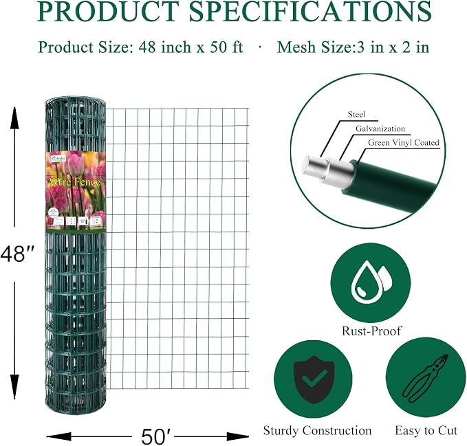 FOREHOGAR Green PVC Coated Welded Wire Fence 48 Inch x 50 Foot, 2 Inch x 3 Inch 16GA, Garden Border Fencing Roll Vinyl Coating Metal Wire Mesh for Yard Vegetable Plant Protection Poultry Netting