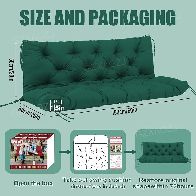Outdoor Swing Cushions 60 inch Waterproof Porch Swing Cushions 2-3 Seater Replacement with Backrest and Ties Swing Bench Cushions for Outdoor Furniture Patio Porch Backyard Garden(Dark Green)