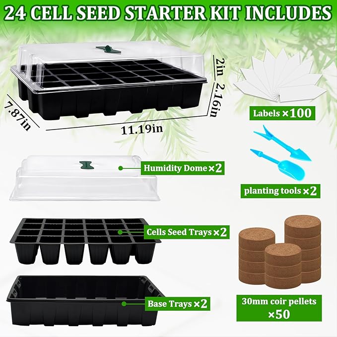 Halatool 2 Set Seed Starter Tray Kits, 2 Pack Germination Tray with 50 Pcs Coco Pellets, Greenhouse Indoor Seed Germination System for Herbs Vegetables Flowers, Seed Starter Kit