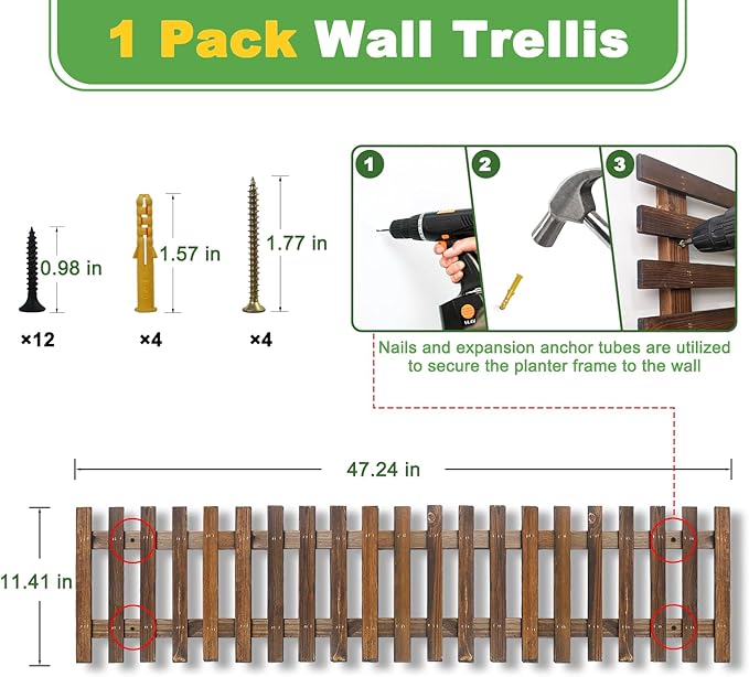 Mulctun Wall Planters - 11.4" W x 47.24" H Wooden Wall Planters for Indoor Outdoor Plants,Hanging Wood Wall Trellis,Wall Mounted Plant Holder for Orchids,Succulent,Air Plants,Hanging Pots Display