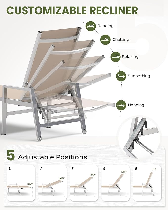 Patio Chaise Lounge Chair Outdoor Set of 2 with Wheels&Armrests, Aluminum Pool Lounge Chairs Five-Position Adjustable Recliner, Outdoor Beach Lounge Chairs for Poolside, Patio, Deck, Yard, Khaki
