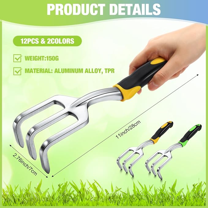 Yaocom 12 Pcs Hand Rake Garden Tool Mini Rake Heavy Duty Garden Cultivator 11 Inches Small Rake for Gardening Aluminum Alloy Hand Tiller with Soft TPR Handle for Digging Weeding Loosening Soil