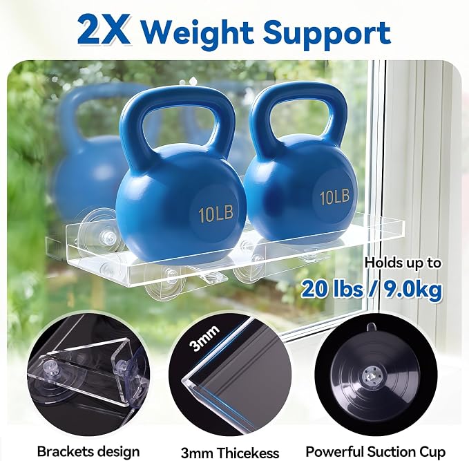Window Plant Shelves, 2Pcs Acrylic Floating Shelf with Strong Suction Cup and Bracket, Window Sill Extender Plant Holder