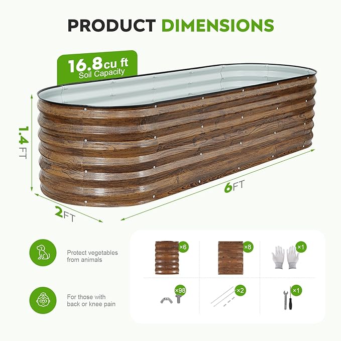 ZORMY Galvanized Raised Garden Bed Outdoor- 6x2x1.4ft Oval Steel Raised Beds for Gardening, Metal Planter Box with Protective Strip and Gloves for Vegetables, Flowers, Fruits (Brown)