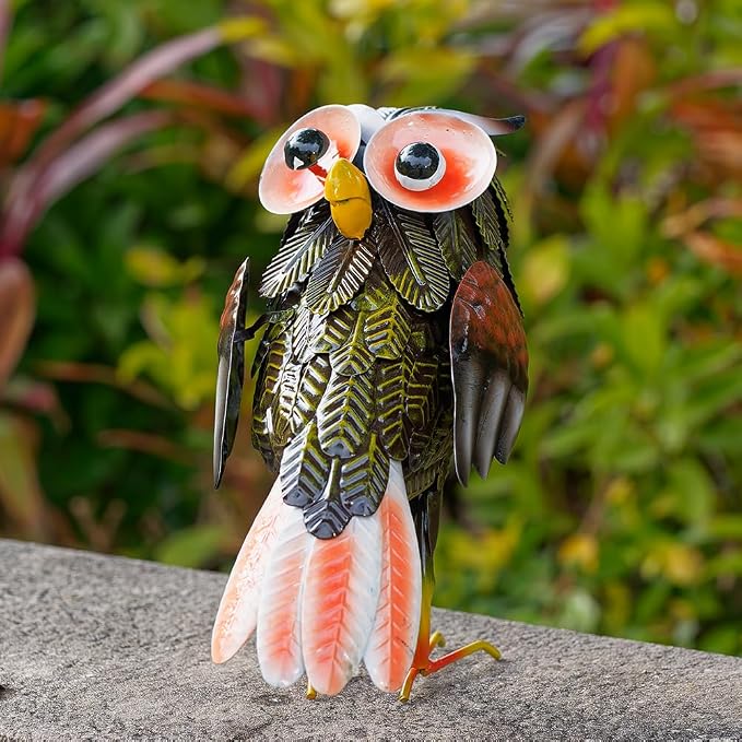 Metal Owl Garden Statue, 9'' Funny Owl Figurine Outdoor Yard Art Decor, Waterproof Owls Decor for Garden, Lawn, Backyard (Grey)
